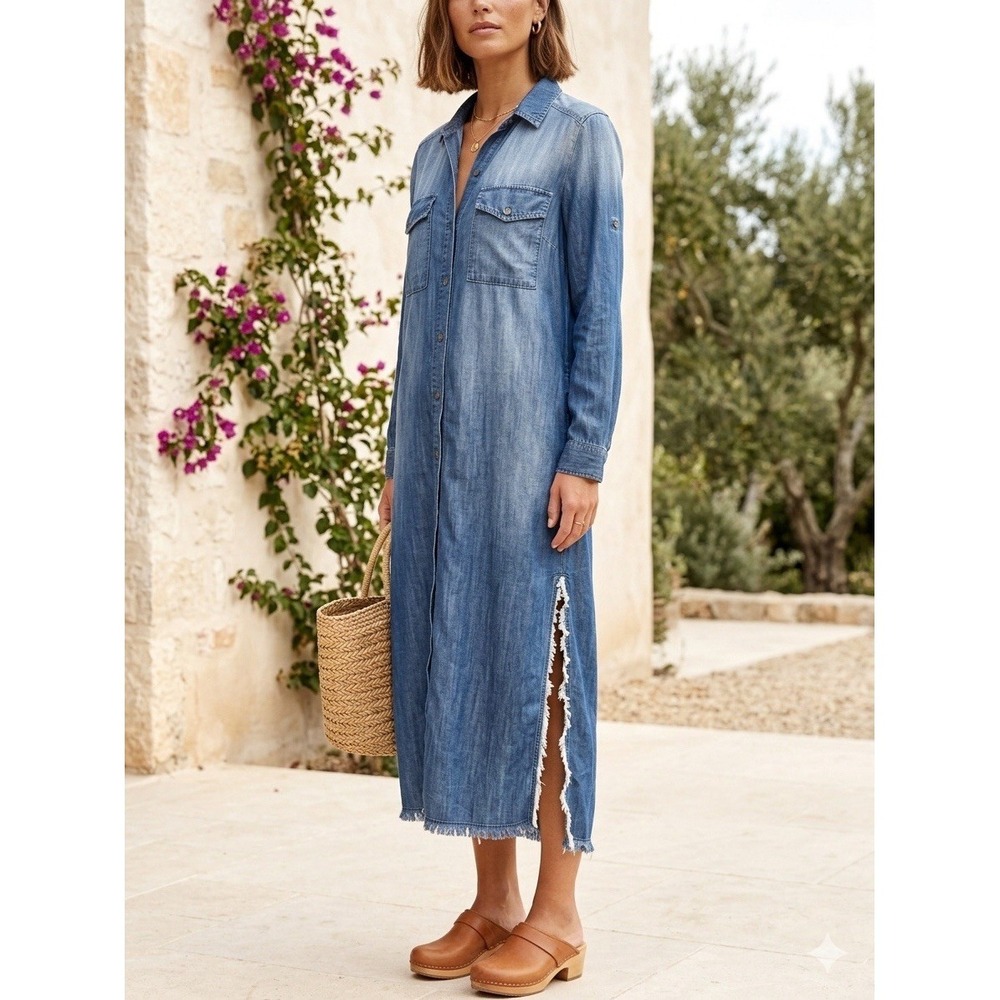 Cloth & Stone Tencel Denim Maxi Shirt Dress XS Blue Distressed Side Slit Luxe